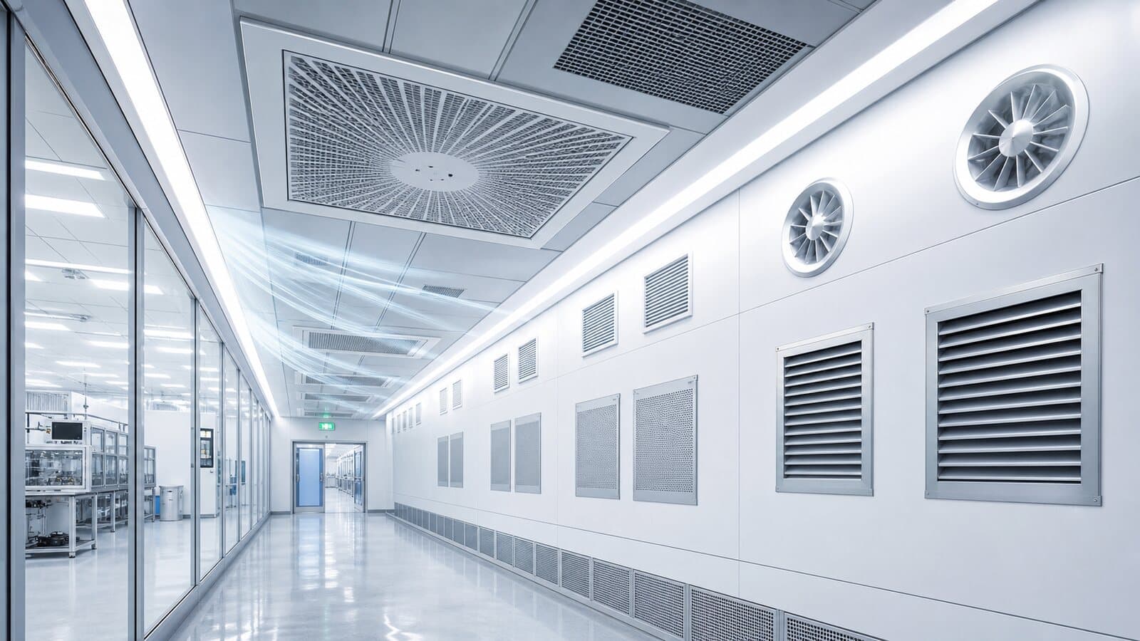 Ducted humidity control and air distribution in a controlled cleanroom corridor
