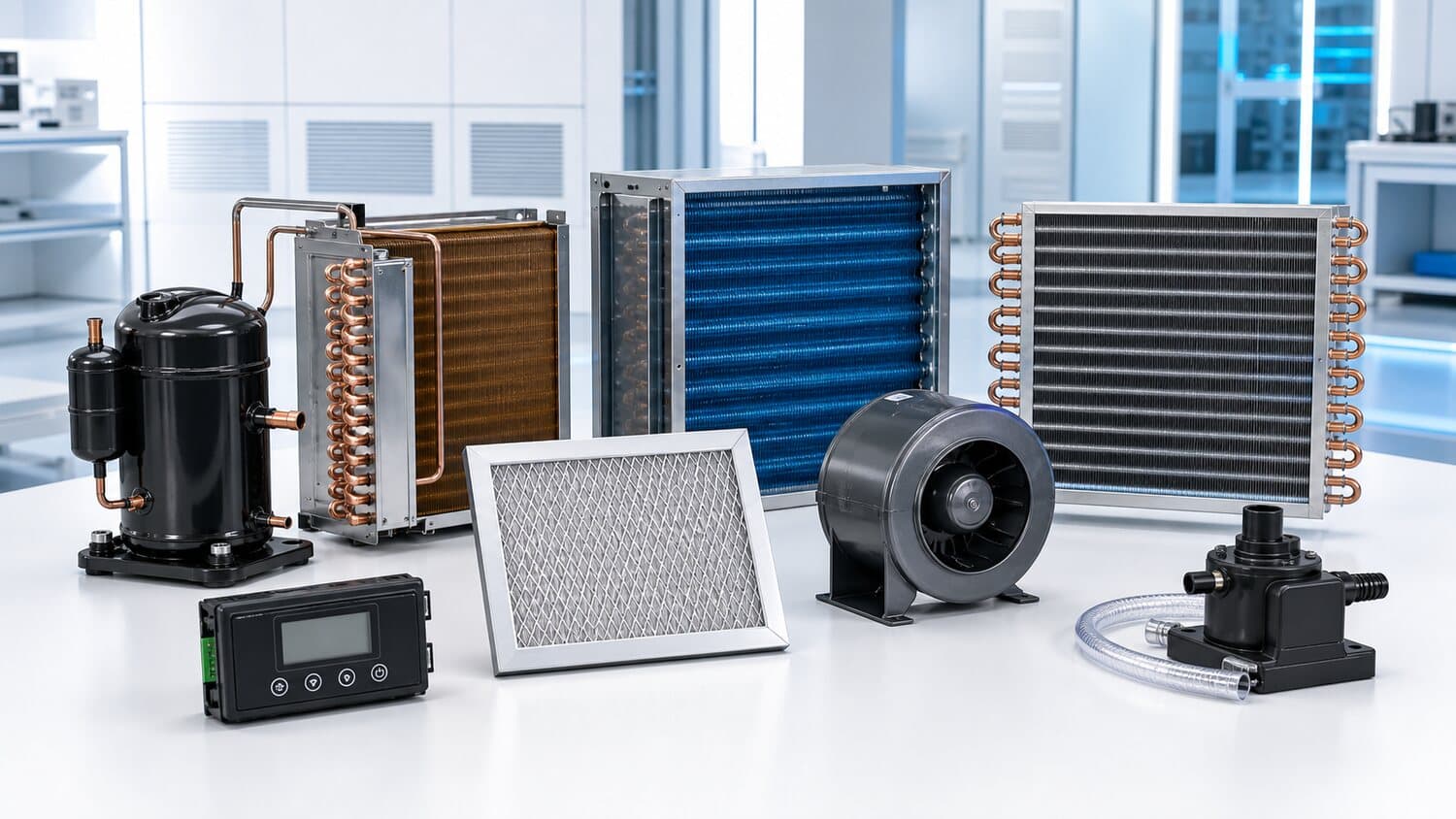 AMD internal components, rotary compressor, copper-tube heat exchangers, centrifugal fan and controller